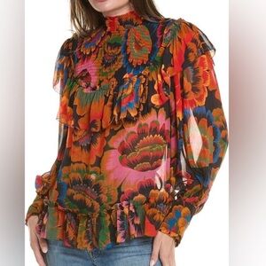 Farm Rio Colorful Floral Smocked Blouse sz S